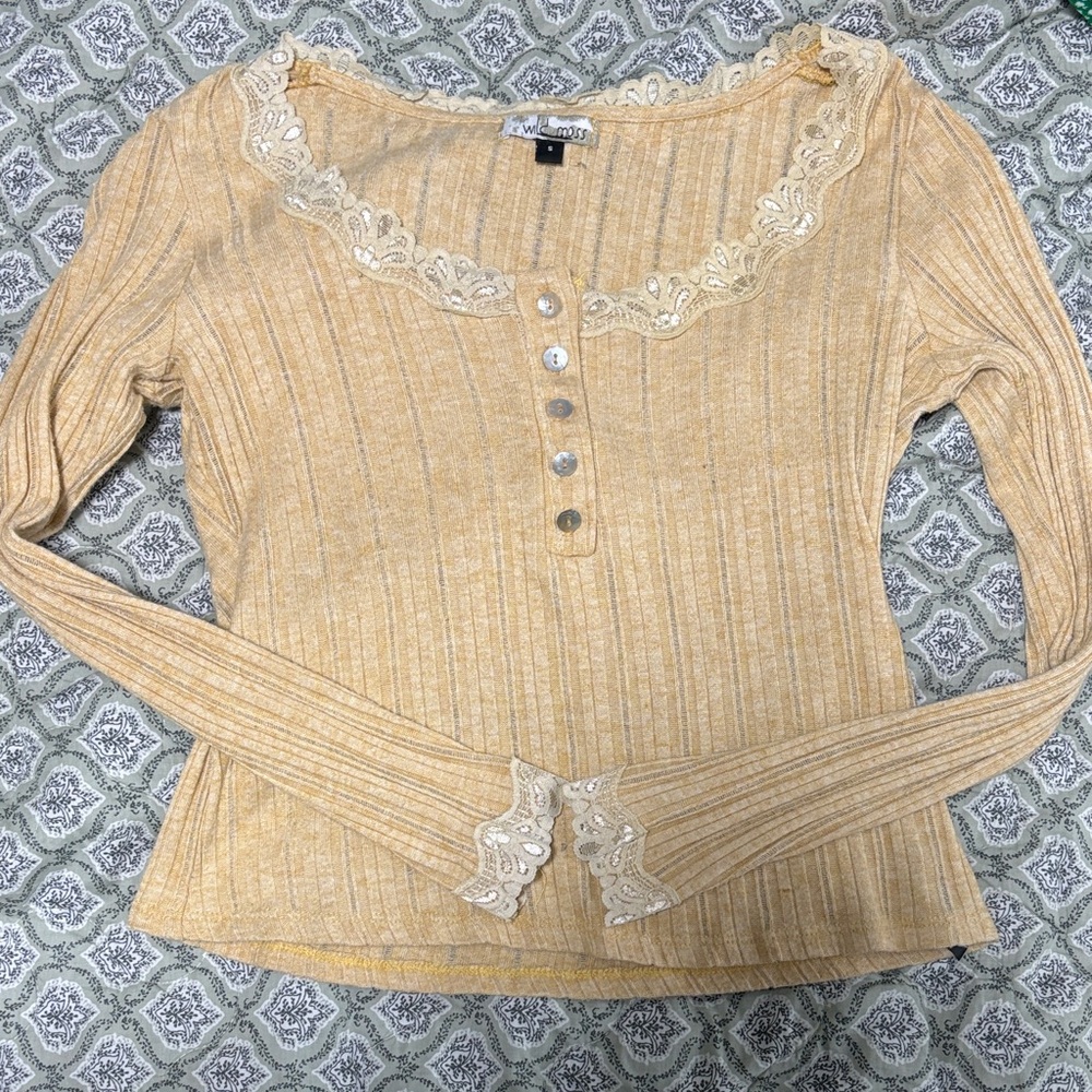 Yellow Long Sleeve Top with Lace Trim
